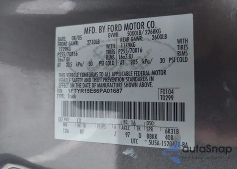 2006 Ford Ranger Fx4 Off-Road/Sport/Xl/Xlt z USA, uszkodzony, nr VIN 1FTYR15E66PA01687